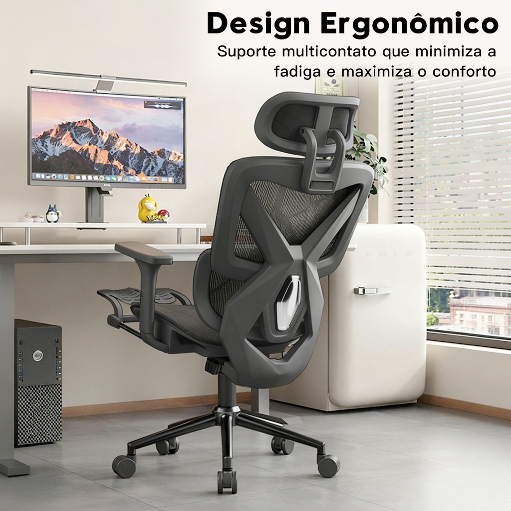 Cadeira de Escritório Ergonômica com Apoio para os Pés Braço 6D Ajustável Suporte Lombar Inclinação 135°Ajuste de Altura — imagem 2 de 2