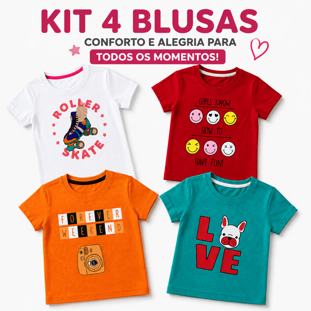 Blusa Infantil Feminina Kit 4 Camiseta Menina Algodão Manga Curta Verão Estampada Sortido