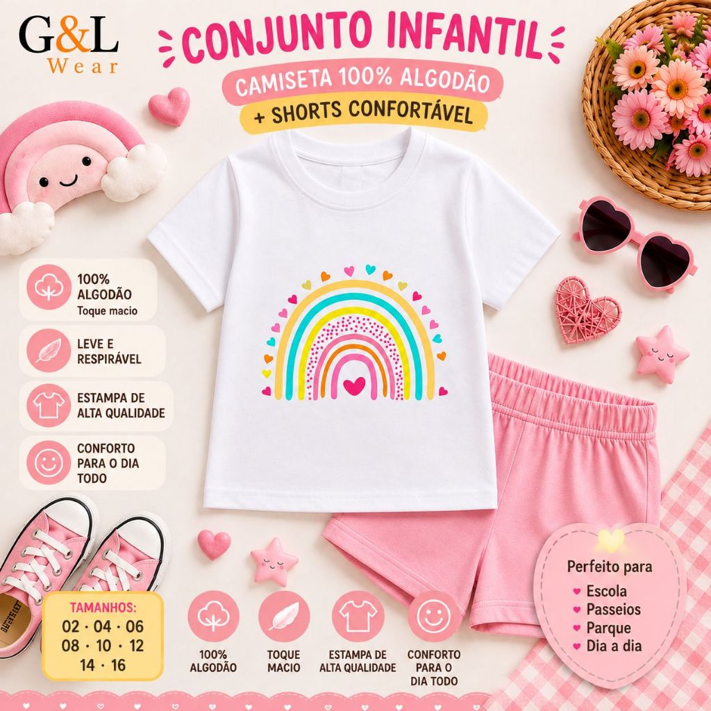 Conjunto Infantil Menina Camiseta 100% Algodão + Short Moletinho Rosa Bebê Roupa Infantil Casual Confortável