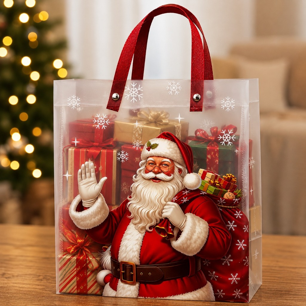 Kit Sacola Para Presente Transparente Alça Vermelha De Natal Papai Noel