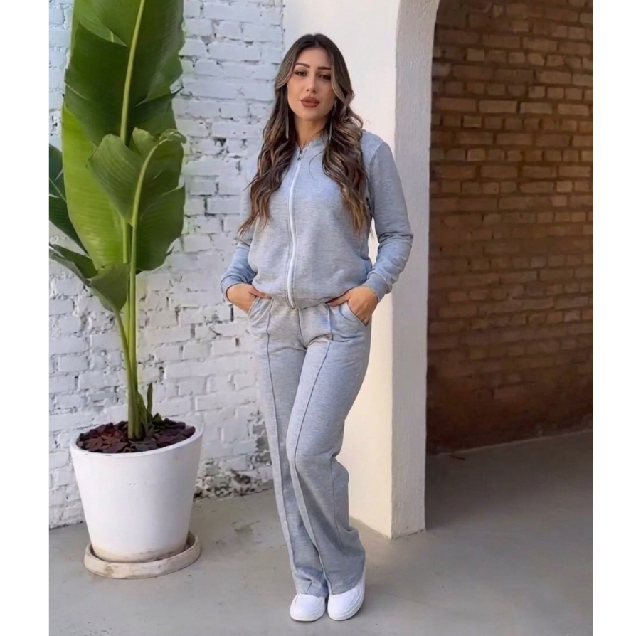 Conjunto Feminino Moletom Premium Jaqueta com Capuz e Calça com Detalhe Víes Confortável Estiloso