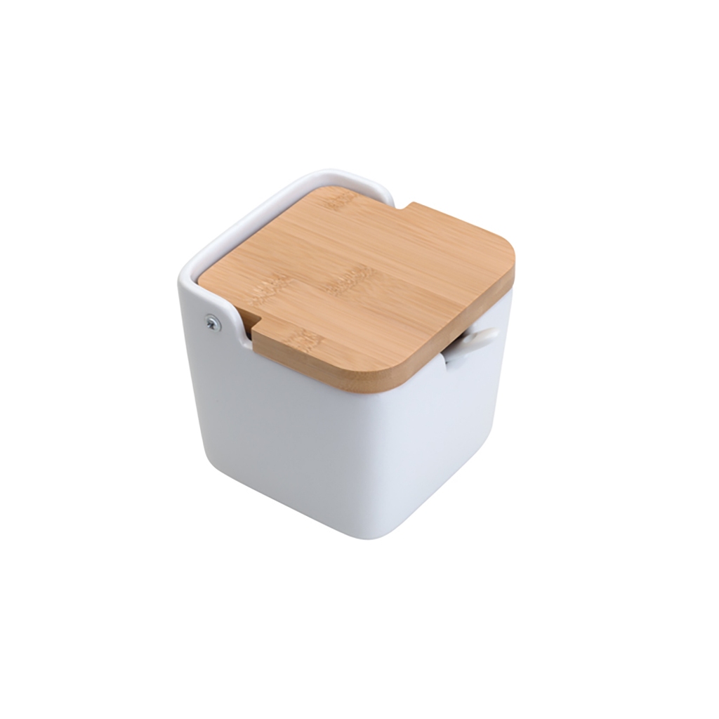 Saleiro Mesa Cerâmica Com Tampa Madeira E Colher 15x10cm Lyor