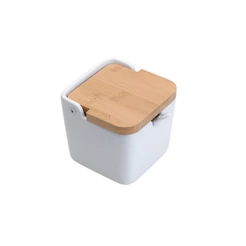 Saleiro Mesa Cerâmica Com Tampa Madeira E Colher 15x10cm Lyor