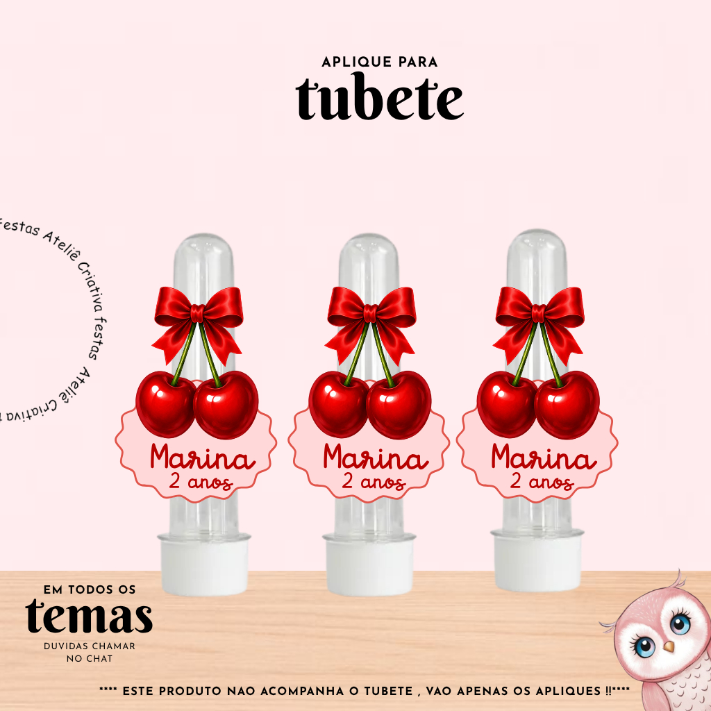 Aplique para Tubete Personalizado com nome Cerejinha Cereja  Lembrancinha Festa Infantil Aniversário Mimo TODOS OS TEMAS