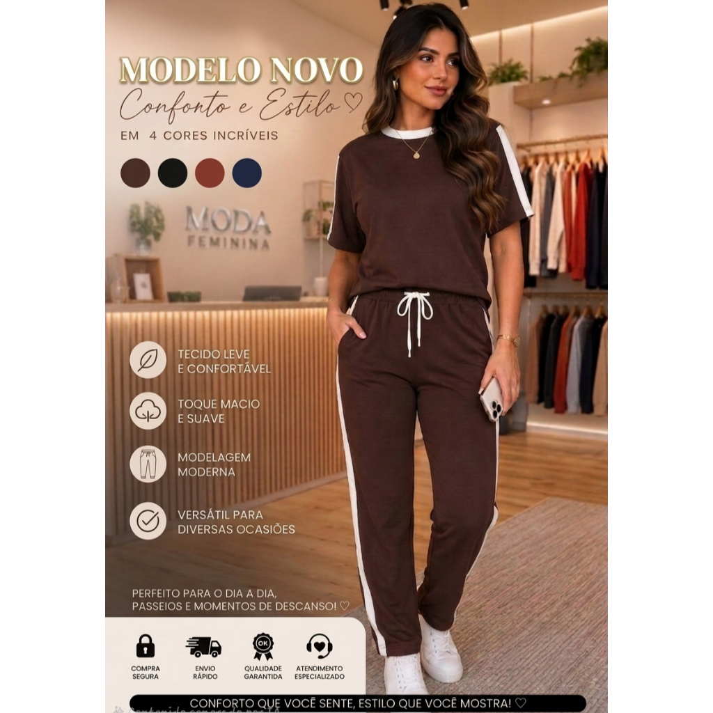 Conjunto Feminino Elegante Bicolor Conjunto Moletinho Calça e Blusa Listra na Lateral c/ Bolso