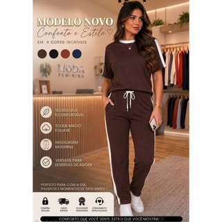 Conjunto Feminino Elegante Bicolor Conjunto Moletinho Calça e Blusa Listra na Lateral c/ Bolso