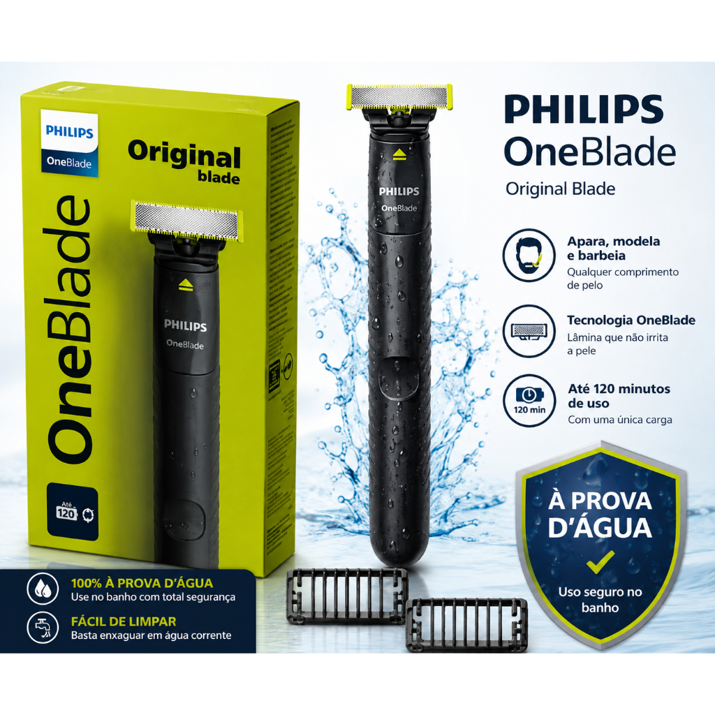 Aparador Philips OneBlade Original À Prova d’Água para Barba Pelos Corporais e Íntimos