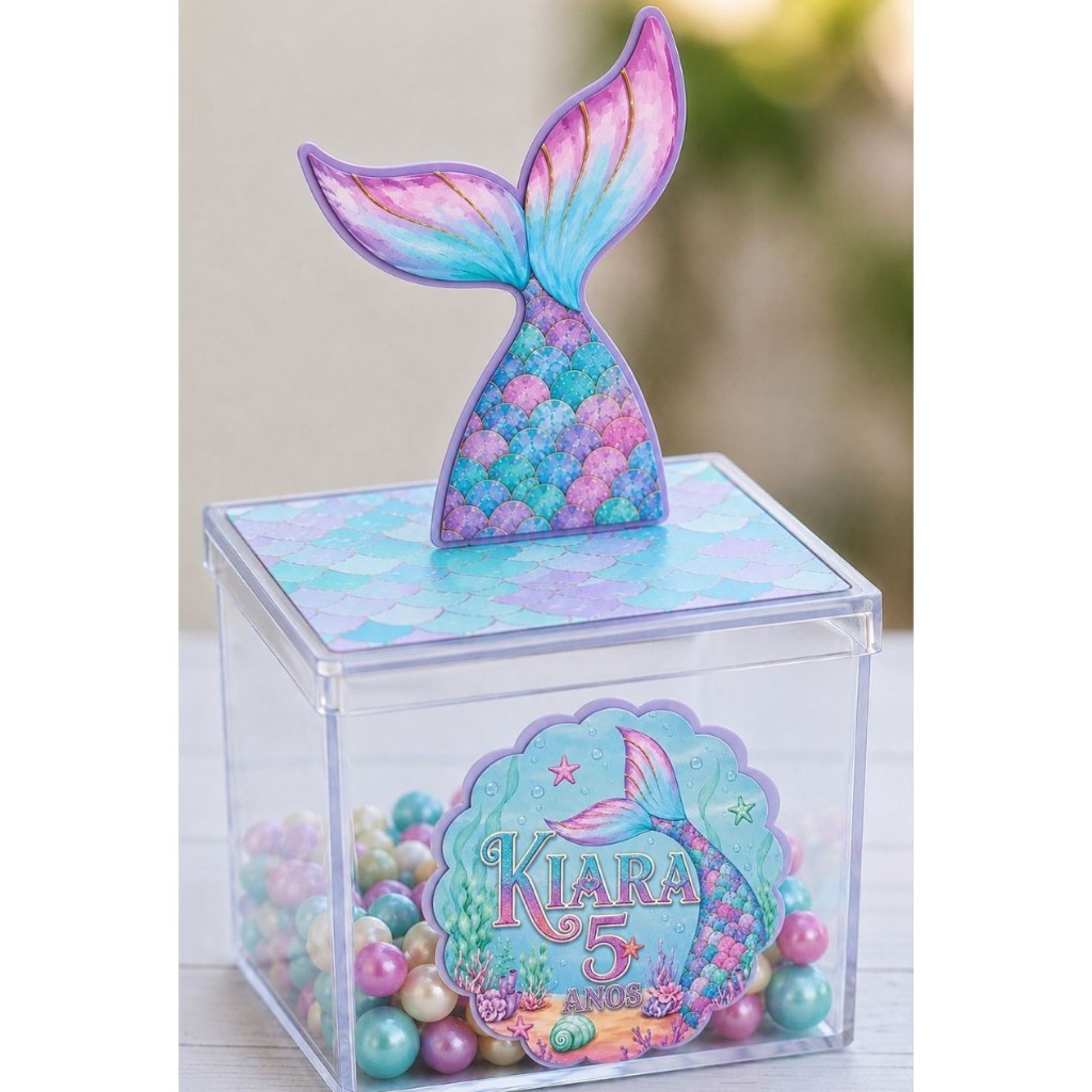 Aplique 3D Personalizado Calda Sereia para Caixinha Acrílica 5x5 – Lembrancinha Festa Infantil/ festa Sereia