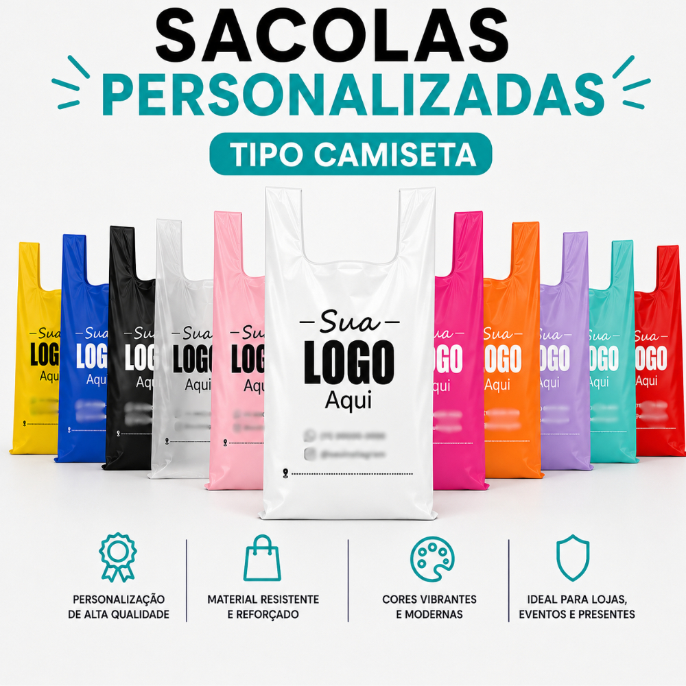 Sacolas Plásticas Para Loja Personalizadas - 50x70 cm - Alça Camiseta - 100 ou 250 unidades