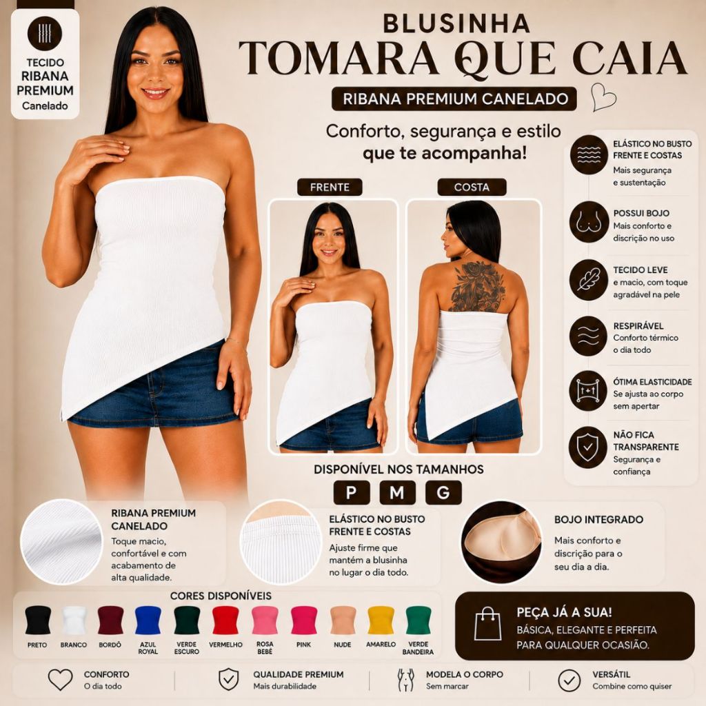 Blusinha Tomara que Caia Bata Com Bojo Assimétrica Canelada Ribana Moda Moderna Blogueira