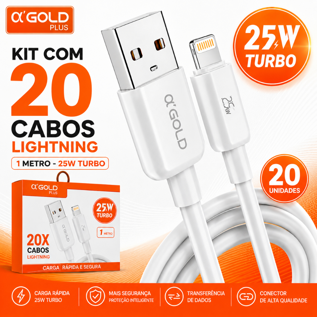 20 Cabos Iphone Carregadores USB com Lightinig Reforçado 25w Turbo 1 Metro