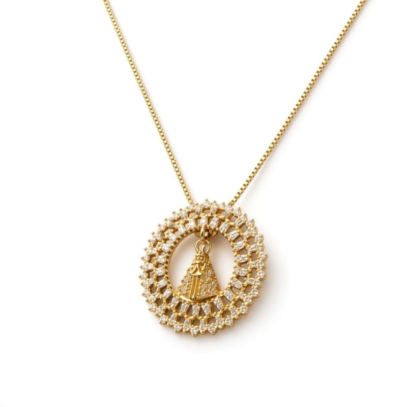 Colar Feminino Nossa Senhora Com Pingente Religioso Cravejado Brilhante Delicado Elegante