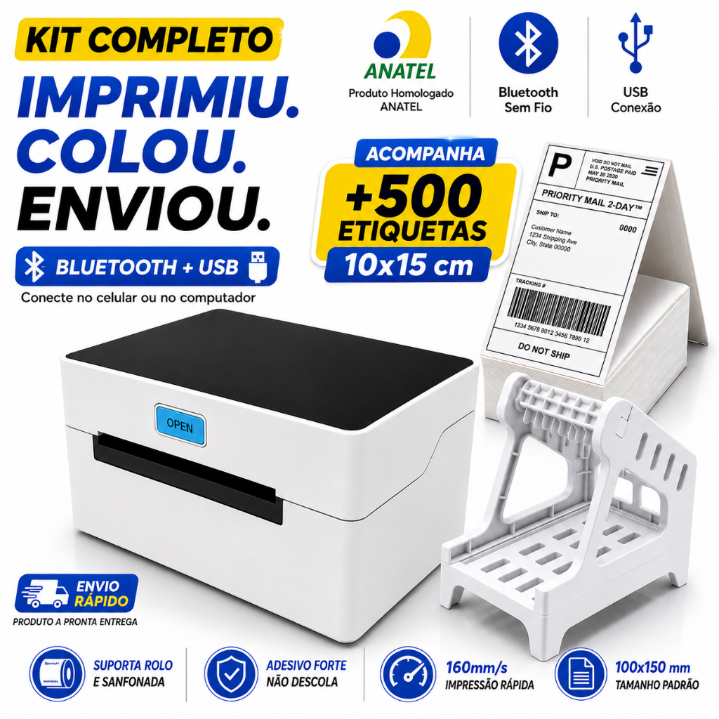 Kit Impressora Térmica Etiquetas Bluetooth USB 10x15 100x150 + 500 Etiquetas Suporte