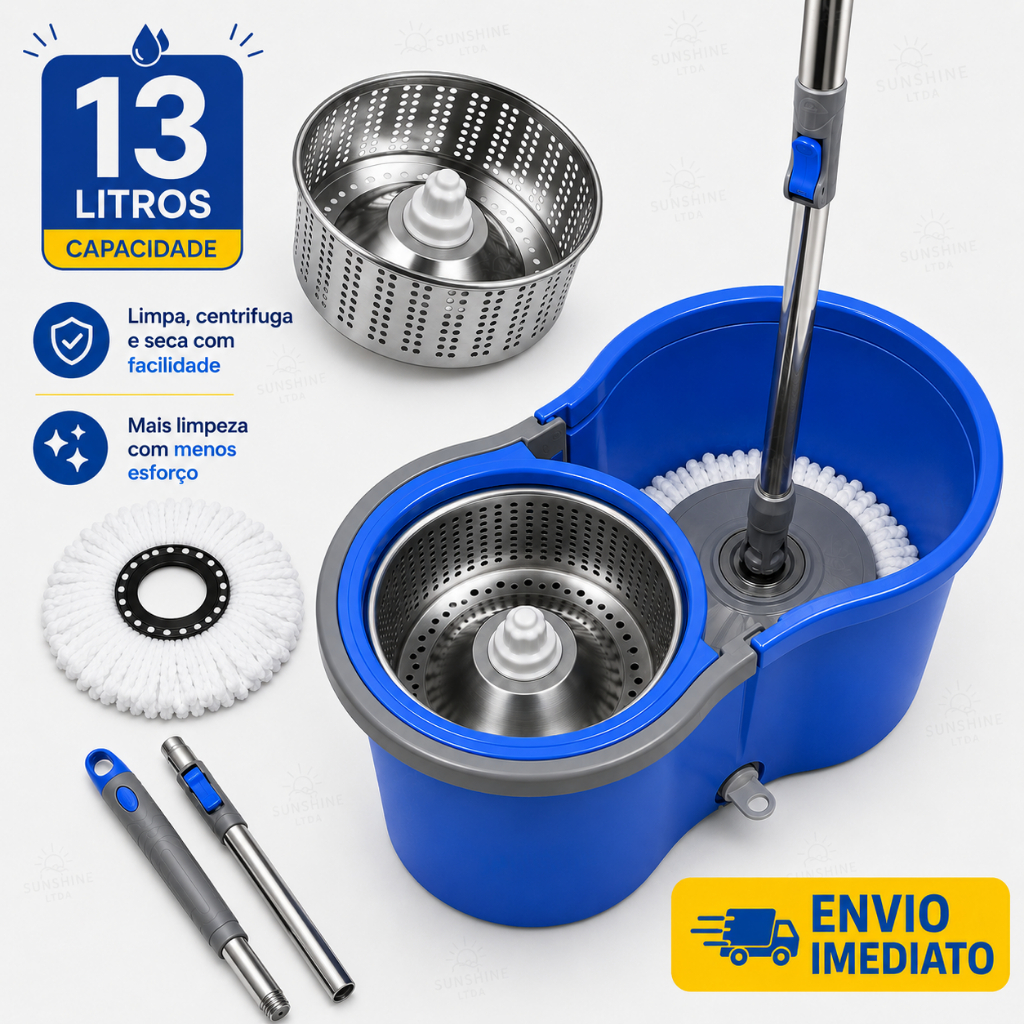 MOP Giratório Inox 13 Litros e Esfregão Multiuso Inox com Refil Limpeza Profissional