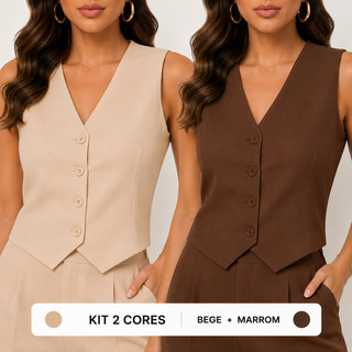 Kit 2 Coletes Femininos Alfaiataria Social Curto Decote V 3 Botões Casual Elegante