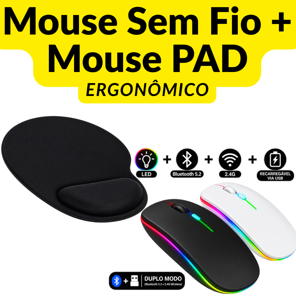 Kit Mouse sem Fio Bluetooth Recarregável RGB + Mouse Pad Ergonômico Apoio de Punho