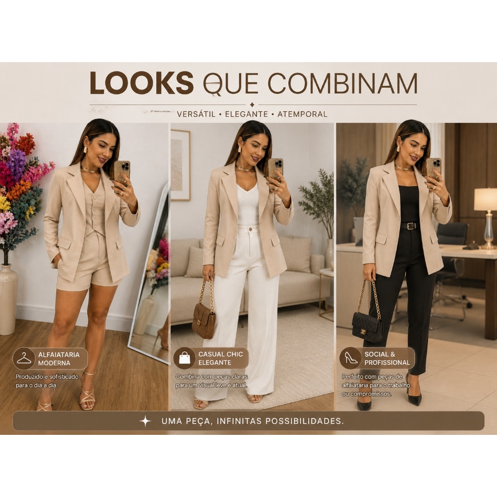 Blazer Alfaiataria Social Feminino Comprido Bolso e Botão Casaco Frio — imagem 2 de 2