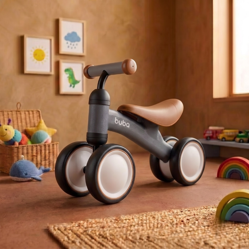 Bicicleta Equilíbrio Buba 4 Rodas Preto Infantil Menino Andador Sem Pedal Cinza Mini Bike