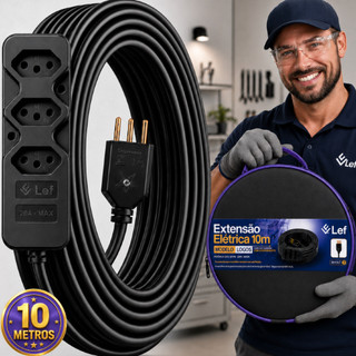 Extensão Elétrica 10/15/20 Metros 20a Cabo Pp 3x2,5mm Com Aterramento 3 Tomadas Reforçada Bivolt + bolsa