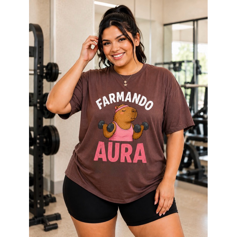 Camiseta Plus Size Feminina frases engraçadas G1 G2 G3 100% Algodão Estampa Capivara Farmando Aura — imagem 2 de 2