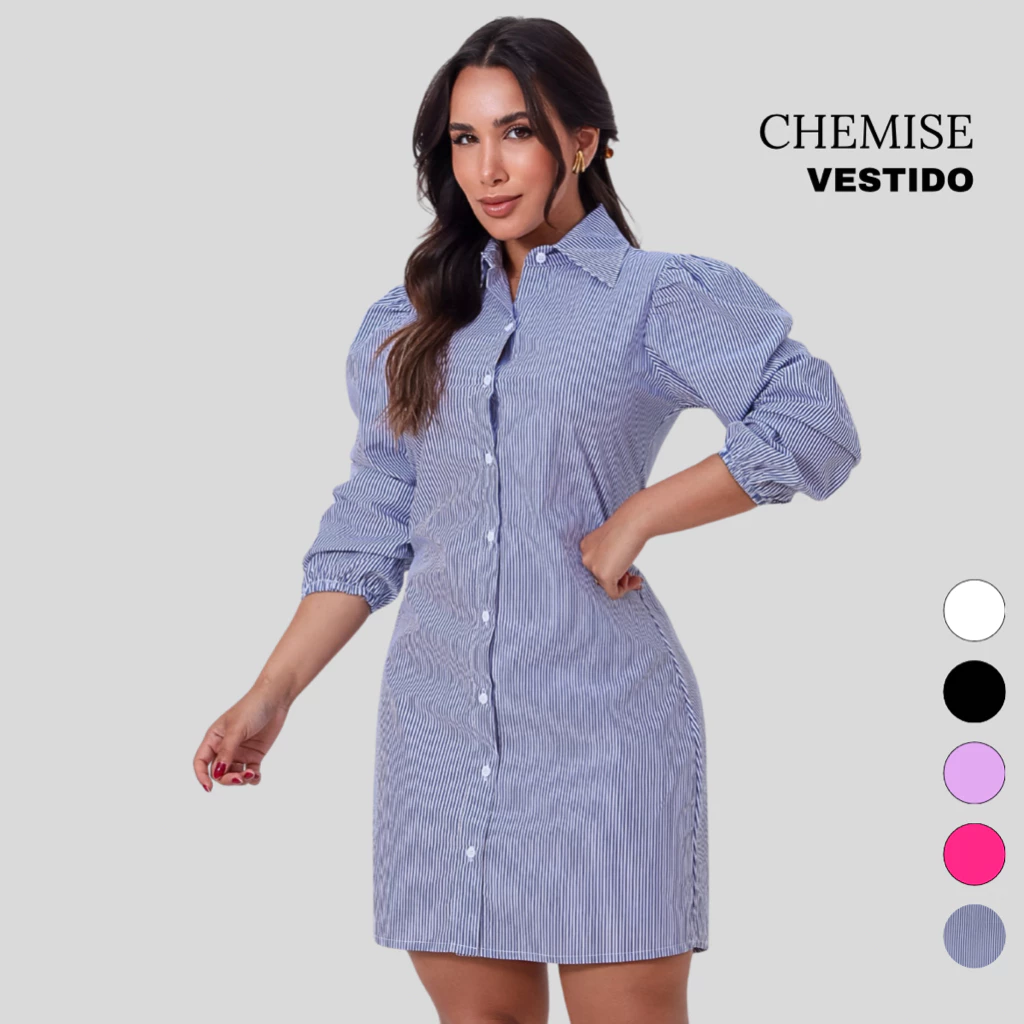 Chemise Vestido Curto Social Casual Manga Longa