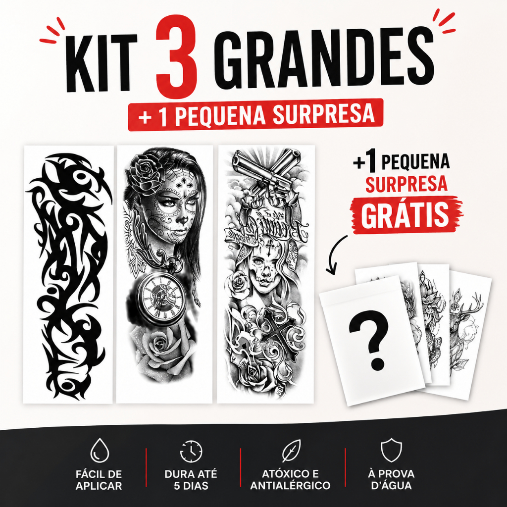 Kit 3 Tatuagens Temporárias Grandes Fake + 1 Tatuagem Pequena Surpresa Grátis