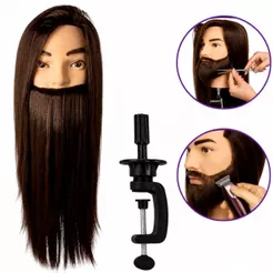 Kit Cabeça Manequim de Treino Cabelo e Barba Longa Fibra Organica Profissional para Cabeleireiros com Suporte
