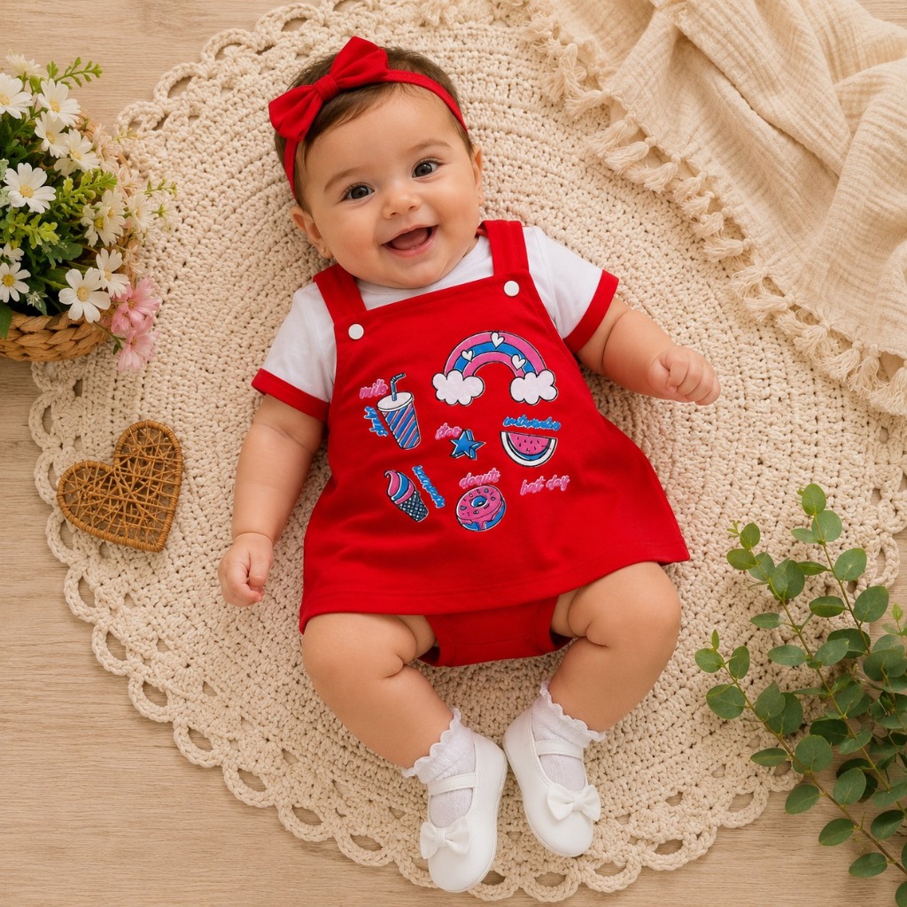 Roupa de bebê menina Jardineira estampada e Camisa fofinha