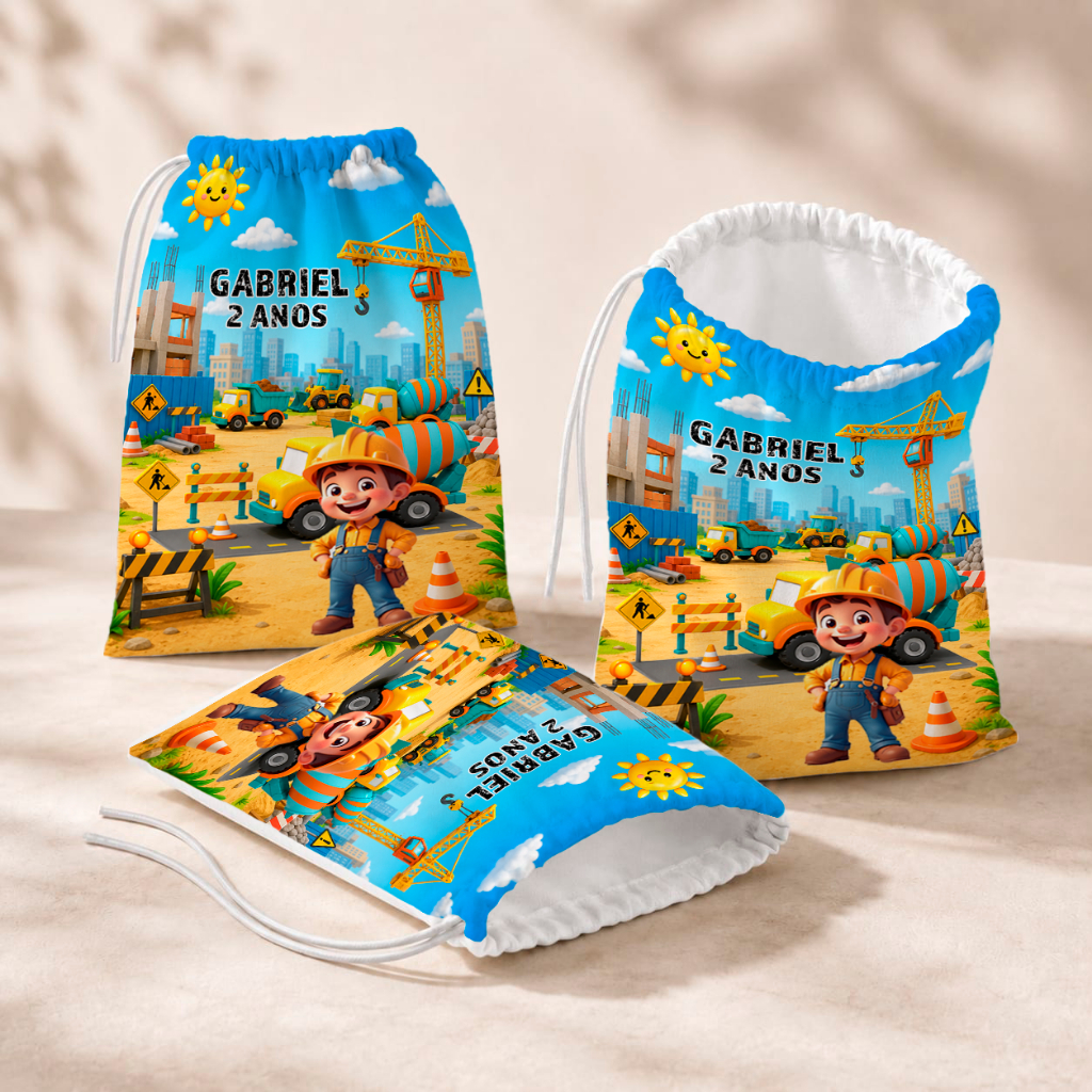 20 Sacolinhas Personalizada Festa Infantil 18x26 Aniversário Lembrancinha Construção Trator Maquinas