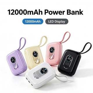 Mini Macaron Power Bank de 12000mAh com Cabo Integrado e Tela LED Digital