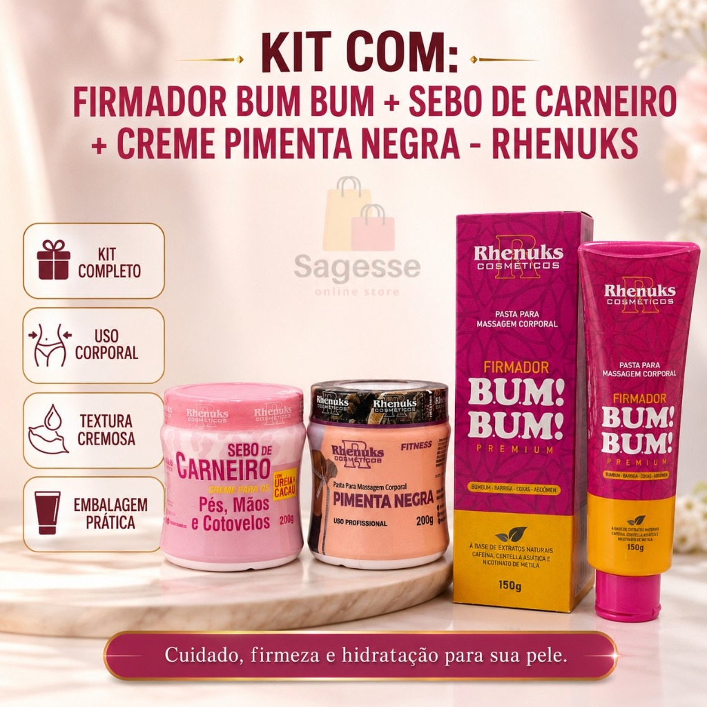 Kit com Sebo de Carneiro + Creme para Massagem Pimenta Negra + Firmador Bum Bum - Rhenuks