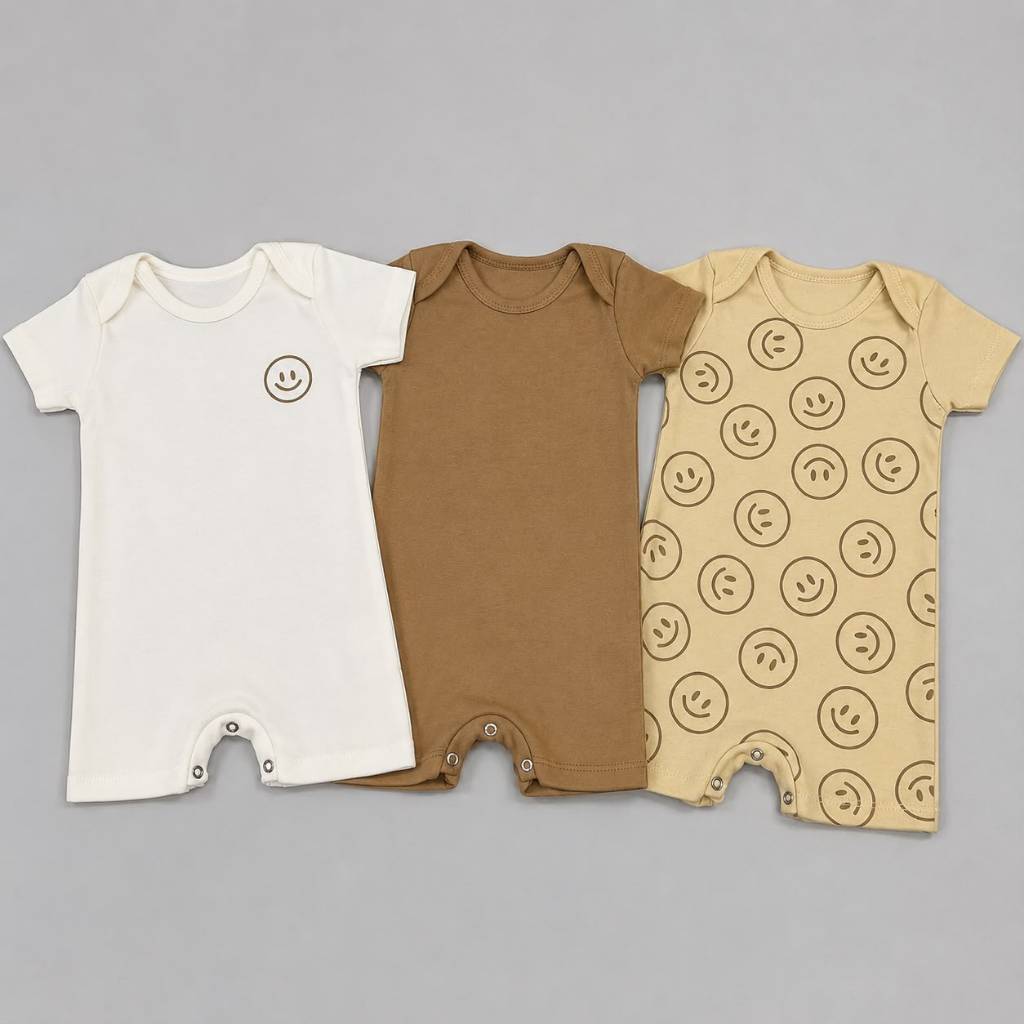 Kit 3 Romper Minimalista Macacão Infantil Liso Estampado Manga Curta