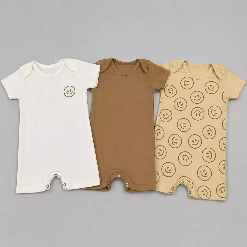 Kit 3 Romper Minimalista Macacão Infantil Liso Estampado Manga Curta