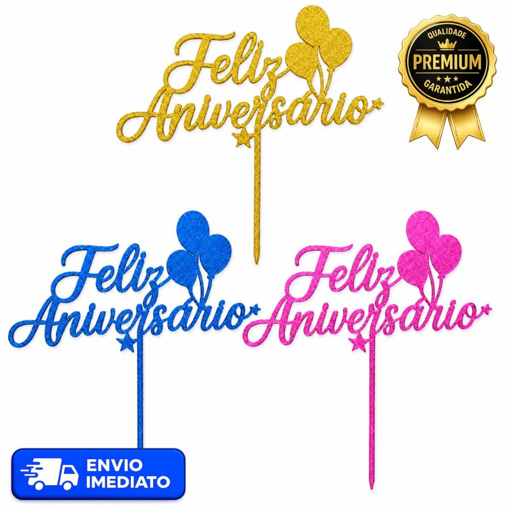 Topo de Bolo Feliz Aniversário 20x16cm Topper Decoração Festa Aniversário Várias Cores Reutilizavel