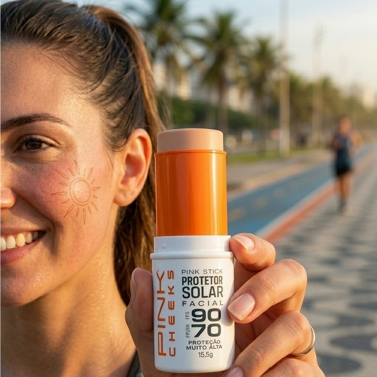 Protetor Solar Facial Pink Cheeks em Bastão Com Cor FPS90 PINK Stick EDIÇÃO LIMITADA MARATONA DO RIO
