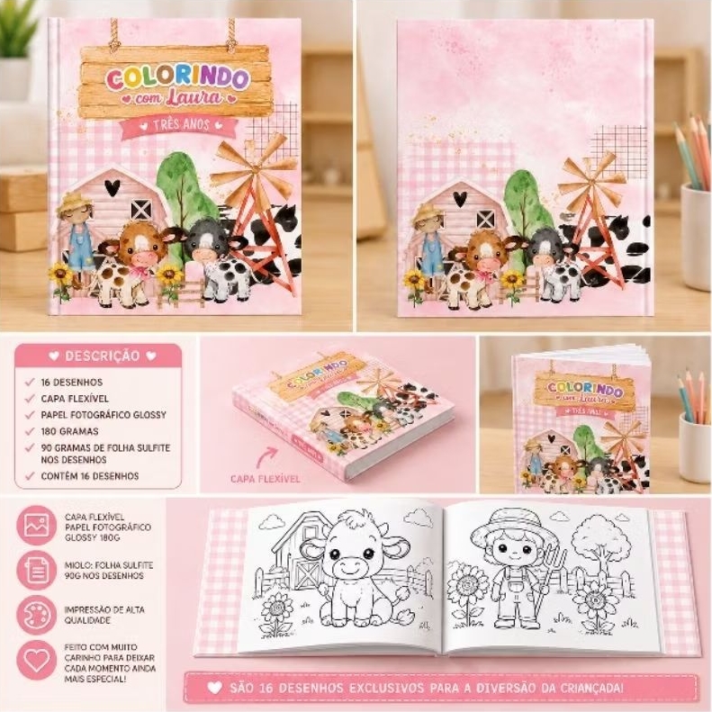 livrinhos personalizado Fazendinha rosa | para colorir | lembrancinhas aniversários