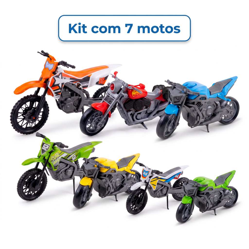 Kit com 7 Motos De Brinquedo Motinhas Grandes Modelos Sport, Cross E Harley - Diferentes Tamanhos e Estilos | Queen Shop