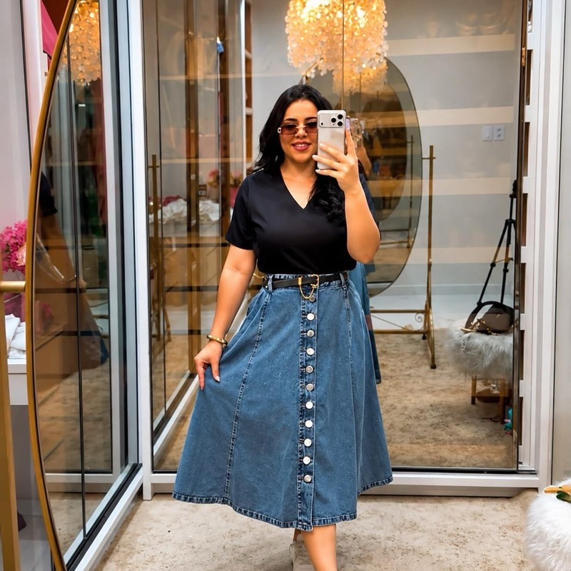 saia jeans godê botões frontais