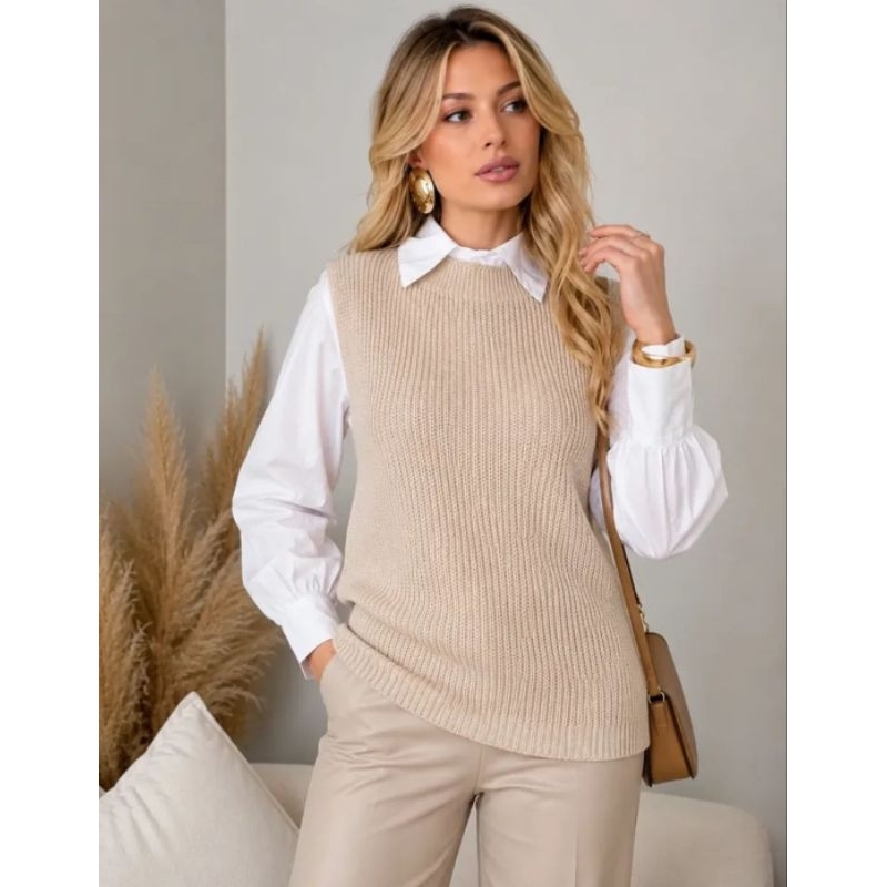Regata Colete Feminino Tricô Canelado gola redonda Alfaiataria Elegante Inverno Meia Estação