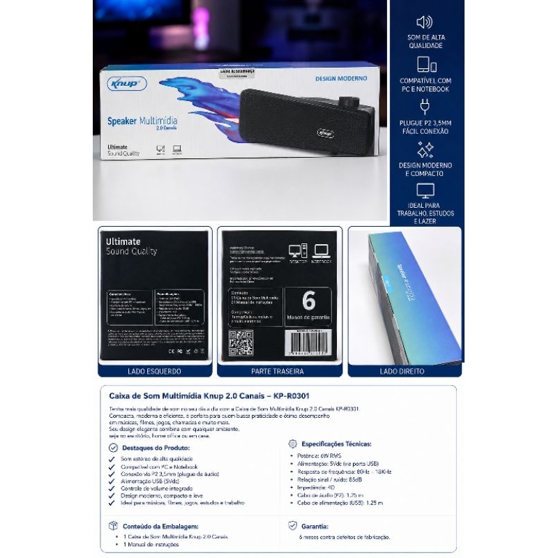 🔊 CAIXA DE SOM MULTIMÍDIA KNUP 2.0 CANAIS – KP-R0301 - 6W RMS