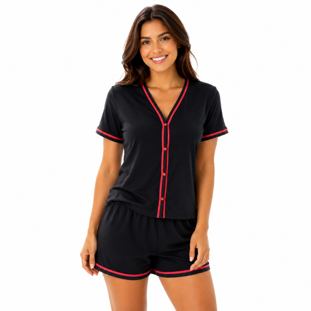 Pijama Feminino Americano meia manga e short Aberto Botão Blogueira Confortável Luxo