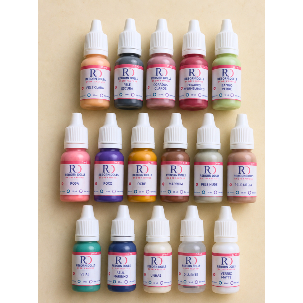 Kit de Tintas Air Dry Premium Bebê Reborn com 14 Cores Concentradas + Verniz Ultramatte 10ml e diluente de 10ml Brinde!!