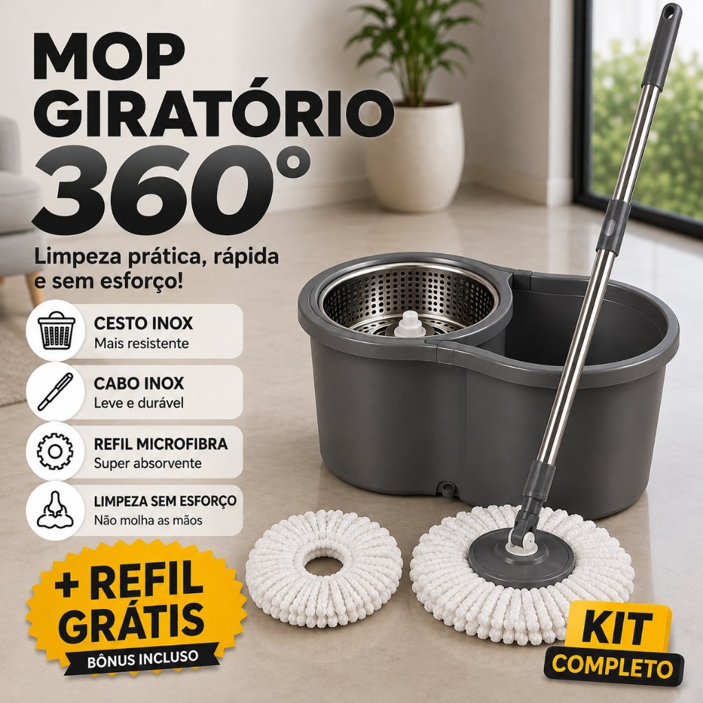Mop Giratório 360 com Cesto Inox 9L Balde 2 Refis Esfregão Limpeza Prática Lava e Seca Piso Rápido