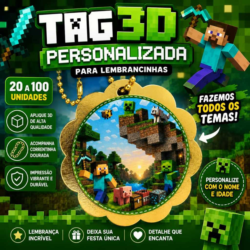 Tag aplique 3D Personalizada Minecraft com Nome e Idade | Lembrancinha Aniversário Infantil | Acompanha correntinha