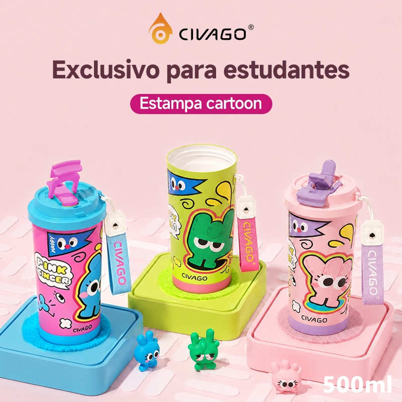 CIVAGO Copo Térmico 500ml Inox 316 Alça Tecido Estampa Fofa Tampa2em1 Antivazame