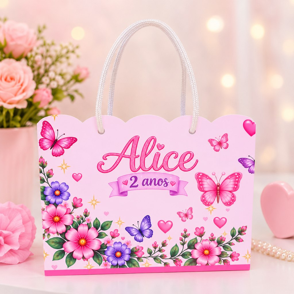 Kit Sacolinha Surpresa Personalizada Jardim das Borboletas | Jardim Encantado – Lembrancinha de Festa Infantil