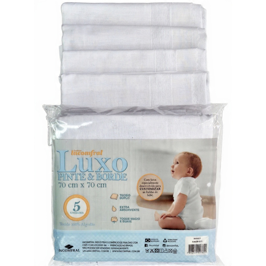 Fralda de Pano Pinte e Borde Luxo Branca Incomfral 70x70cm 05 Peças 100% algodão