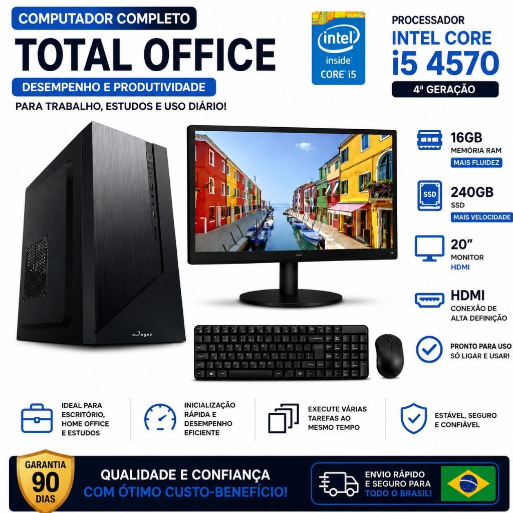 Computador Completo Total Office Intel Core I5 4570 4ª Geração 16gb Ram 240gb Ssd Monitor 20 75hz Hdmi
