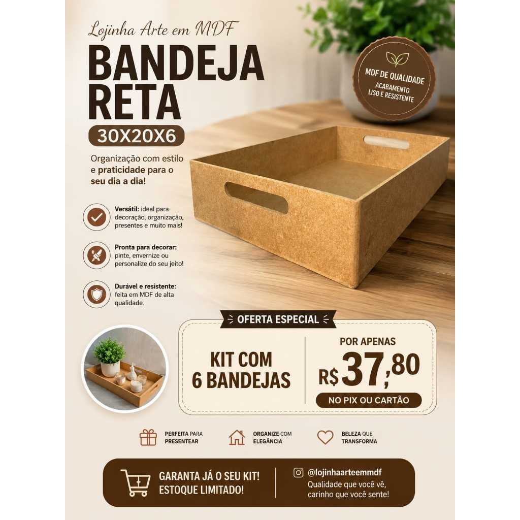 Kit 6 Bandejas 30x20x6 MDF 3MM