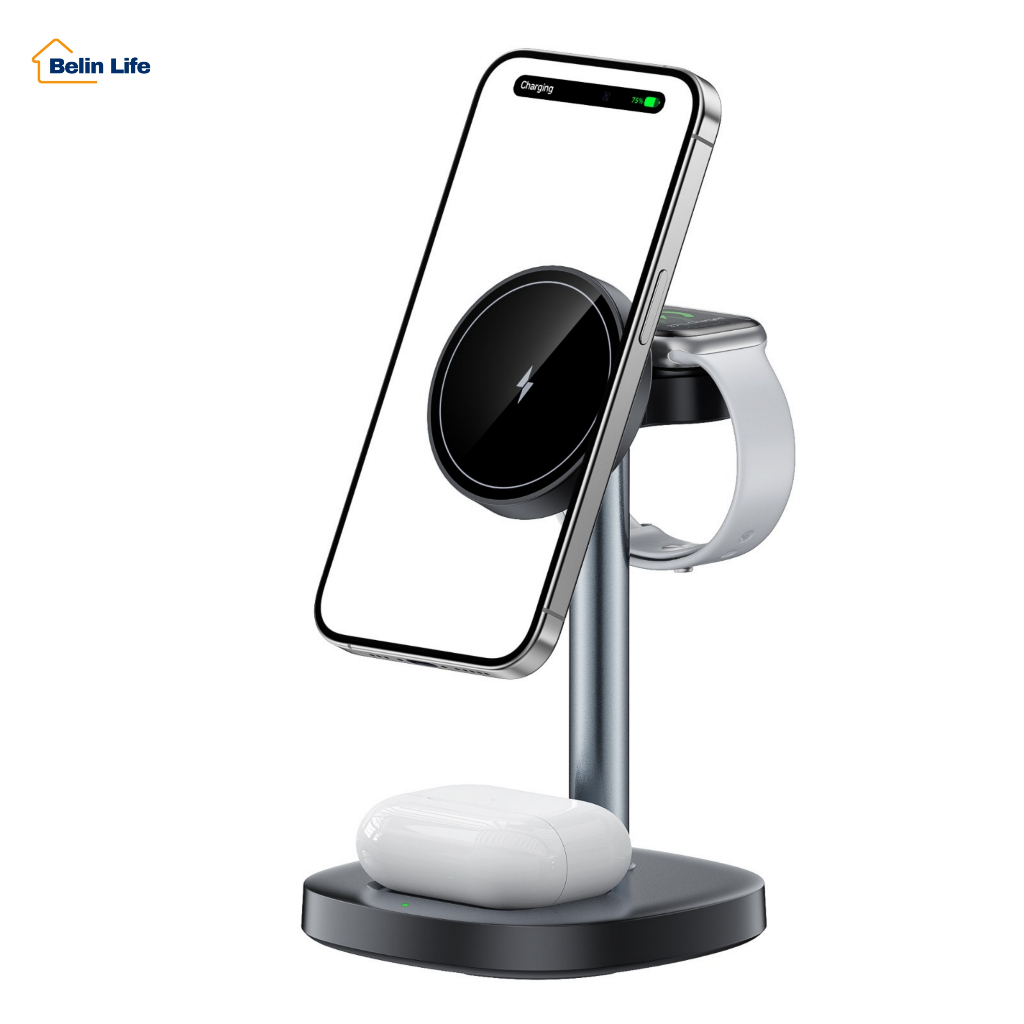 Carregador Sem Fio Anatel Magnético 3 em 1 Suporte de Indução 15W para Celular e Fone
